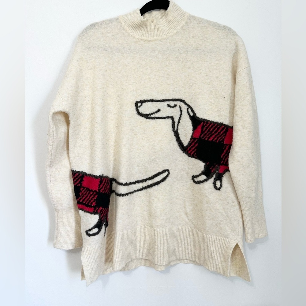 Loft Women’s Size large Cream Dachshund Wrap Around Sweater wool blend novelty